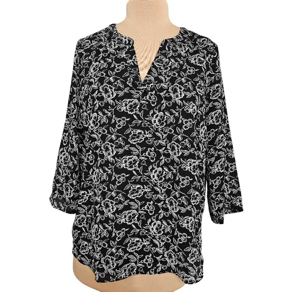 Chaus Tunic Top Womens Large Black White Floral Relaxed Blouse Bloomcore Career